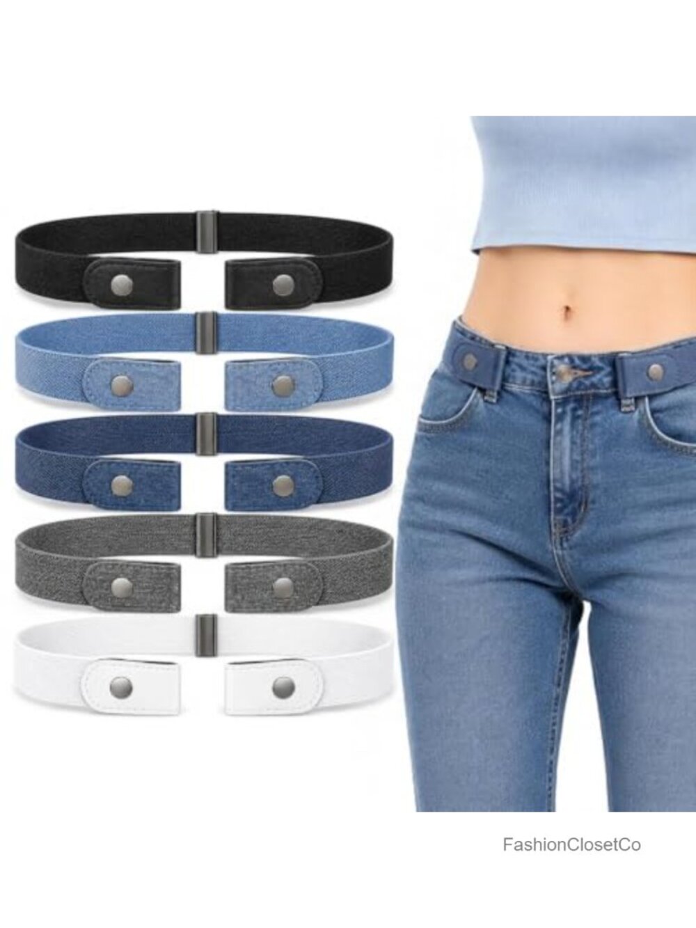 5 Pc No Buckle Elastic Belts for Women PU Leather Ends Stretch Invisible Belt
